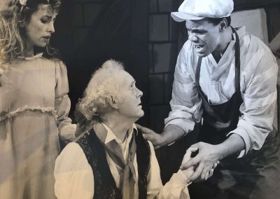 L-R: Madeline Adams, John Halstead and Paul Barber in BEAUTY AND THE BEAST by David Cregan, music by Brian Protheroe, directed by Philip Hedley, 1987