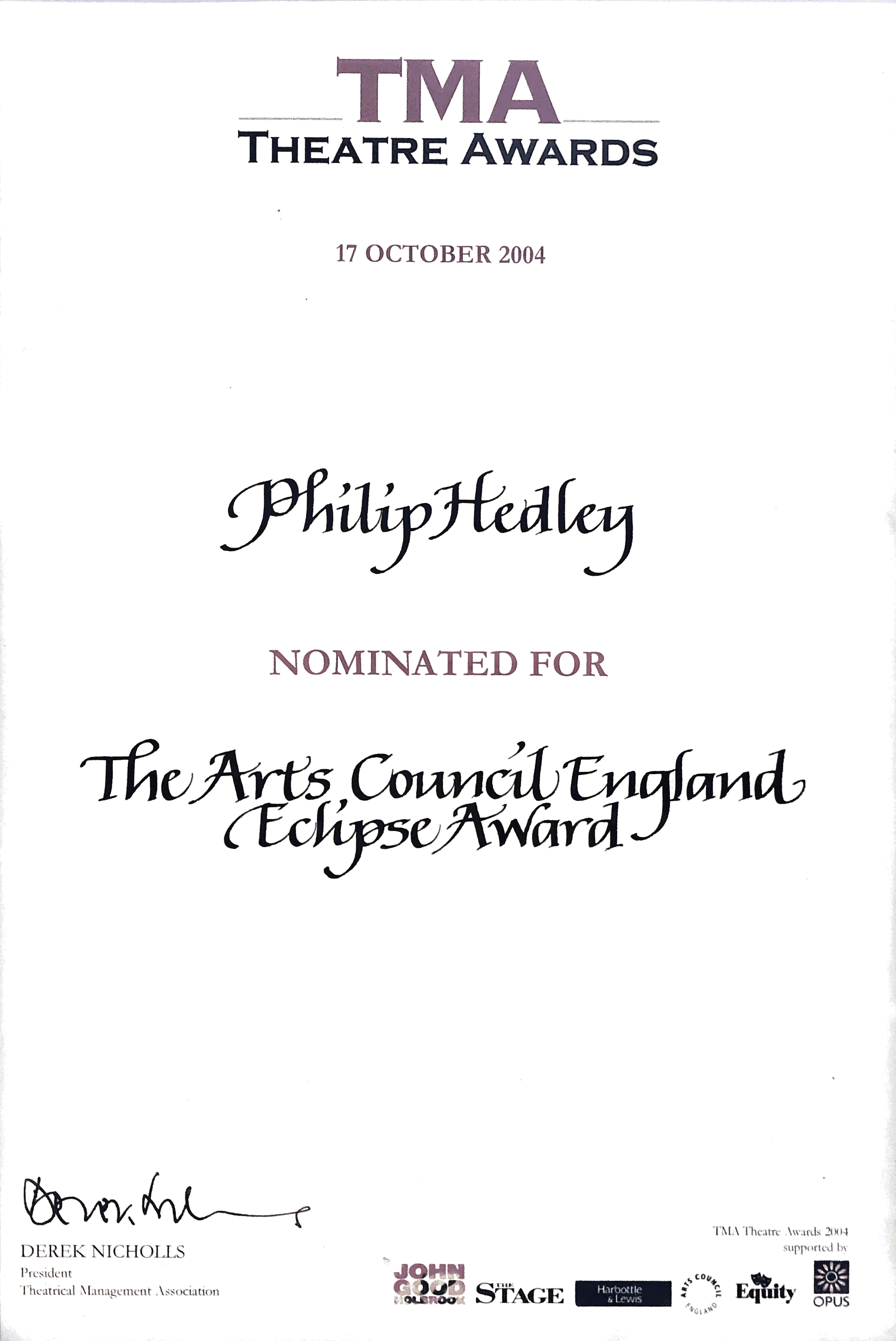 Arts Council England / Theatre Managers’ Association Eclipse Award, 1997